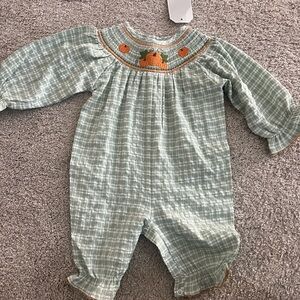 Adorable Kids Green Plaid Footie with Orange Details